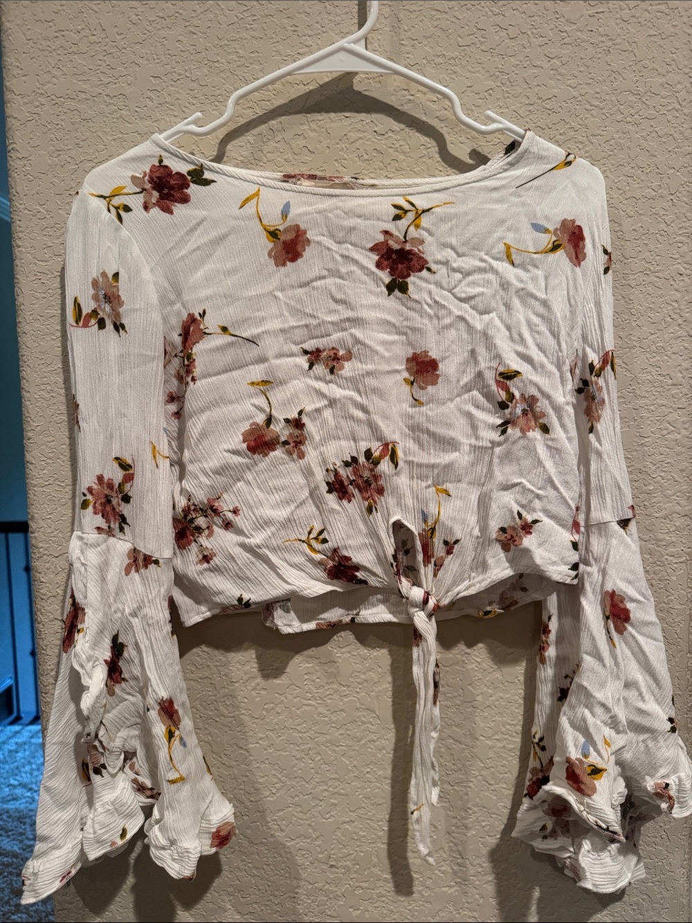 Altar'd State White Floral Tie-Front Bell Sleeve Crop Top